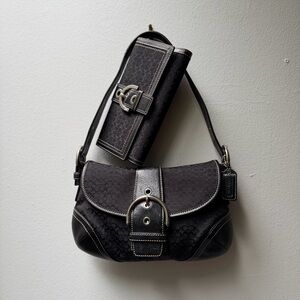 Coach Soho Demi Shoulder Bag Black Signature C Jacquard  Leather 6818 & Wallet